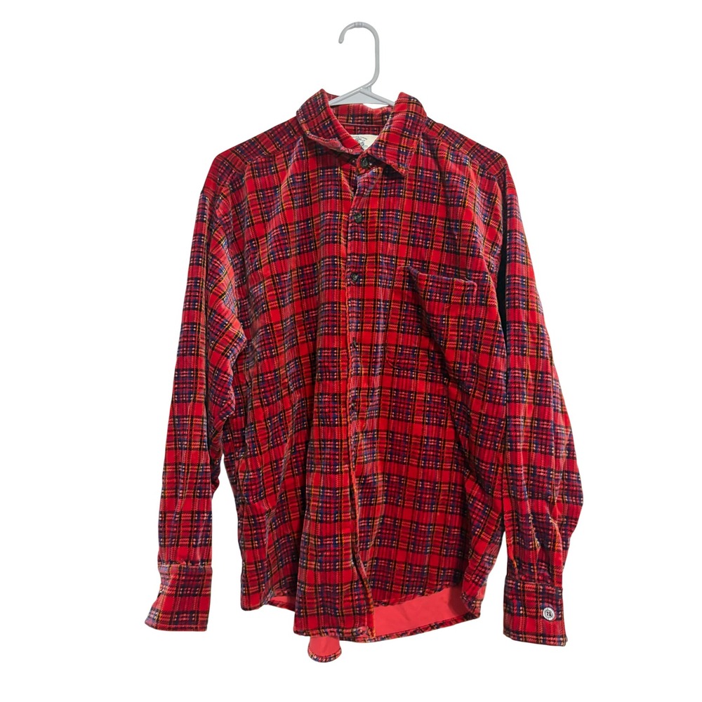 Vintage Plaid Button Down Corduroy‎ Shirt Red Check Velvet Grunge Large
